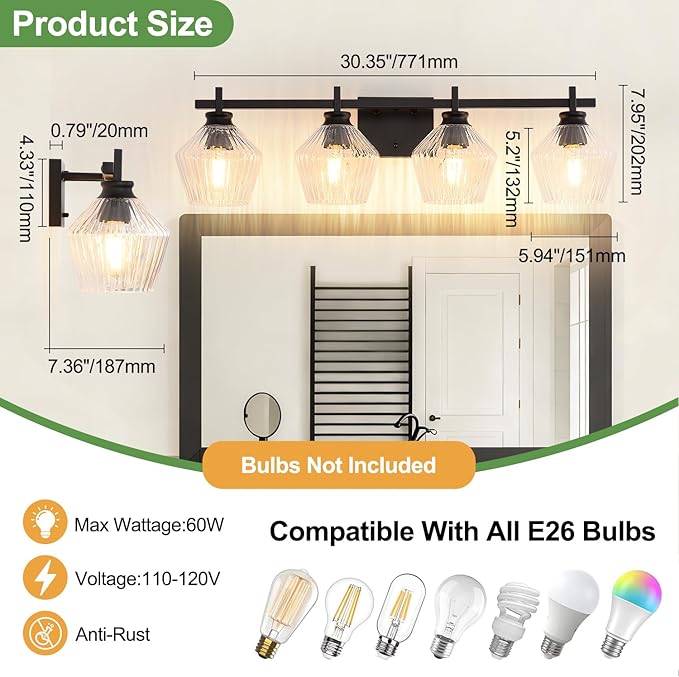 30.35in Modern Bathroom Light Fixtures, 4 Light Vanity Light, Black Wall Lamp with Ribbed Wine Glass Shades, Bathroom Wall Sconce Lamp for Mirror Living Room Bedroom Hallway