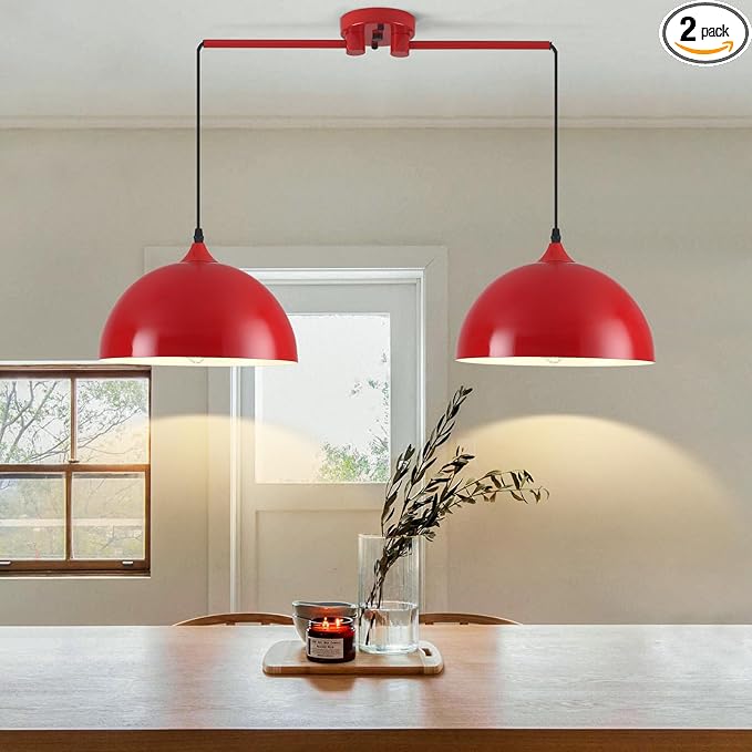 Pendant Lights Kitchen Island 2-Light, Red Dome Pendant Light, Modern Dining Room Light Fixture, Kitchen Island Lighting, Island Pendant Lights for Kitchen, Dining Room, Bar, Cafe