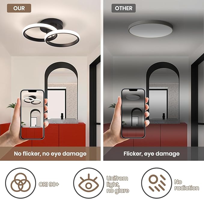 CANEOE Round Modern Led Ceiling Light Fixtures, 4500K Neutral Light Hallway Light Fixtures Ceiling, Bathroom Close to Ceiling Lights for Corridor Stair Aisle Lamps (Black, 1 Pack)