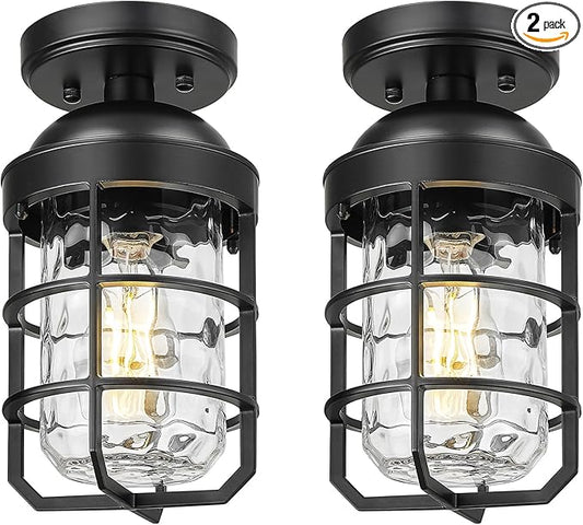 Emliviar Black Semi Flush Lights for Entryway, 2-Pack Rustic Light Fixtures Ceiling Mount with Water Ripple Glass Shade, GE255LF-2PK BK-WG