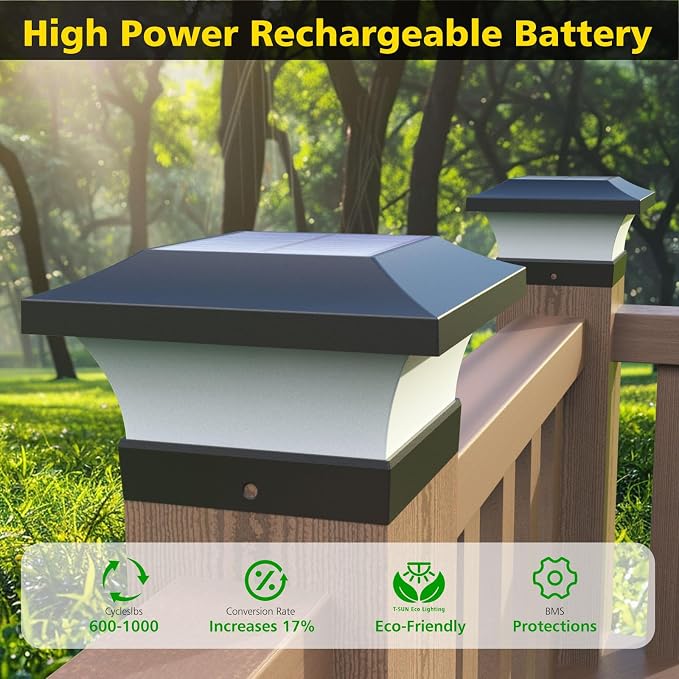 T-SUN Solar Post Lights, Waterproof Outdoor Solar Post Cap Lights for 4 X 4 Wooden Posts, 6000K White LED Lighting, Deck, Patio Garden Decor or Fence(1 Pack)