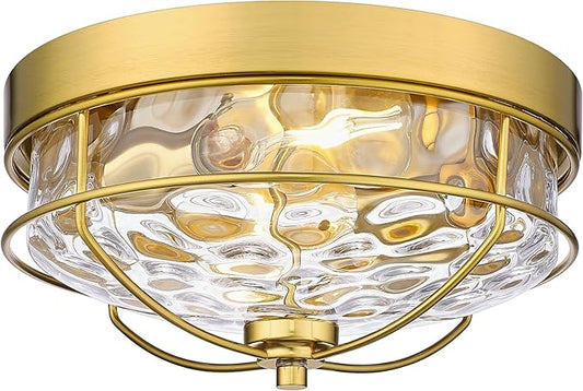 Flush Mount Ceiling Light Gold, HWH 12 Inch Ceiling Light Fixture with Water Ripple Hammered Glass, Modern 2-Light Ceiling Mount Light for Bedroom Kitchen Foyer, 5HTJ7WG-F BG
