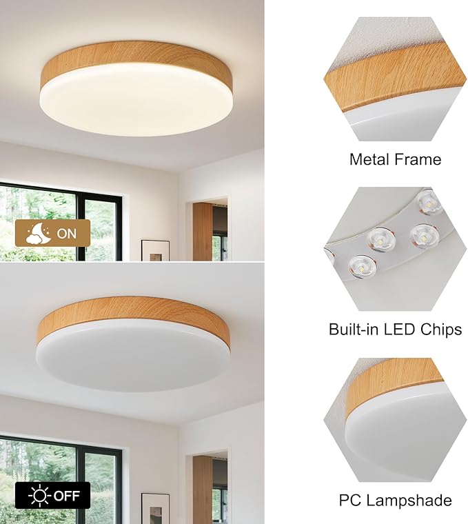 Modern Wood Grain Flush Mount Ceiling Light, 4000K 11.8 Inch Ceiling Light Fixtures, 24W 2200LM Round Ceiling Lamp for Bedroom Kitchen Hallway Laundry Room, Not Dimmable