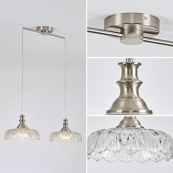 HDDFL Vintage Pendant Lighting Fixtures Modern Glass Hanging Lamp with Adjustable Cord for Kitchen Island Dining Room Hallway 2 Light Brushed Nickel and Clear