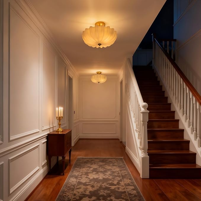 Milk Glass Ceiling Light Fixture, 15.7'' Vintage Gold Semi Flush Mount Ceiling Light, 3-Light Brass Modern Ceiling Light for Hallway Entryway Foyer Living Room,E26