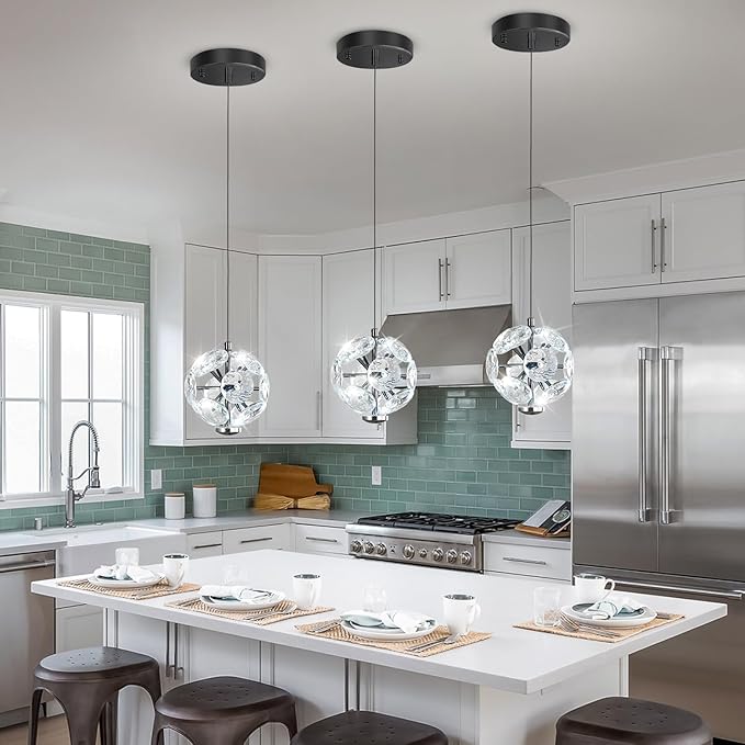 ykolupty Pendant Lights Kitchen Island Crystal Globe Chandelier LED Black Island Light Crystal Pendant Light for Dining Foyer Entrance