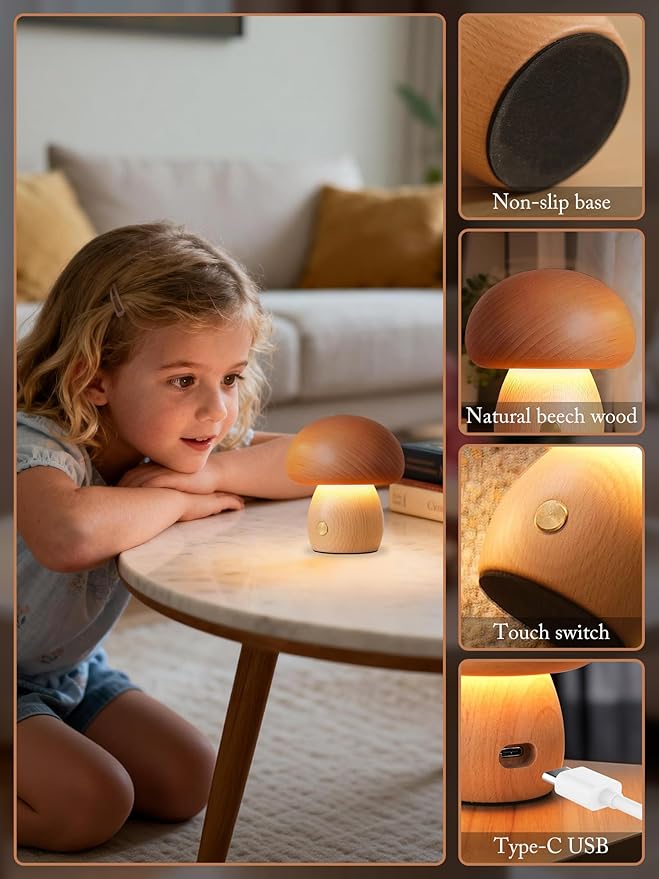 WLHONG Small Wood Table Lamp - 3000K Dimmable LED Nightstand Lamps for Bedroom,Mini Portable Desk Lamps for Home Dorm Office Creative Lighting Housewarming Gifts Night Light (Mushroom)
