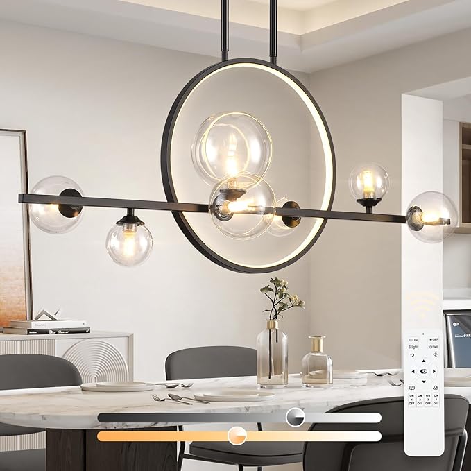 KELUOLY Modern 7 Light Dining Room Chandelier, 37.4" Black Dimmable Mid Century Linear Pendant Lights with Globe Glass Shade, Minimalist Island Light for Dining Room, Office, Kitchen
