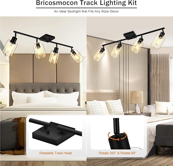 4-Light Track Lighting Fixtures with Seeded Glass Shade, Modern Kitchen Lighting Fixtures Ceiling, Rotatable Track Head, Wall Mount Ceiling Light for Bedside Hallway Bedroom, Matte Black