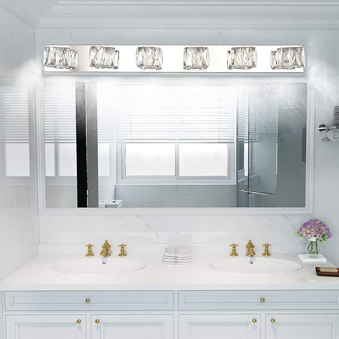 Aipsun 6 Lights 41in Crystal Vanity Lights Over Mirror Long Bathroom Lighting Fixture Modern LED Vanity Light for Bathroom,White Light 6000K