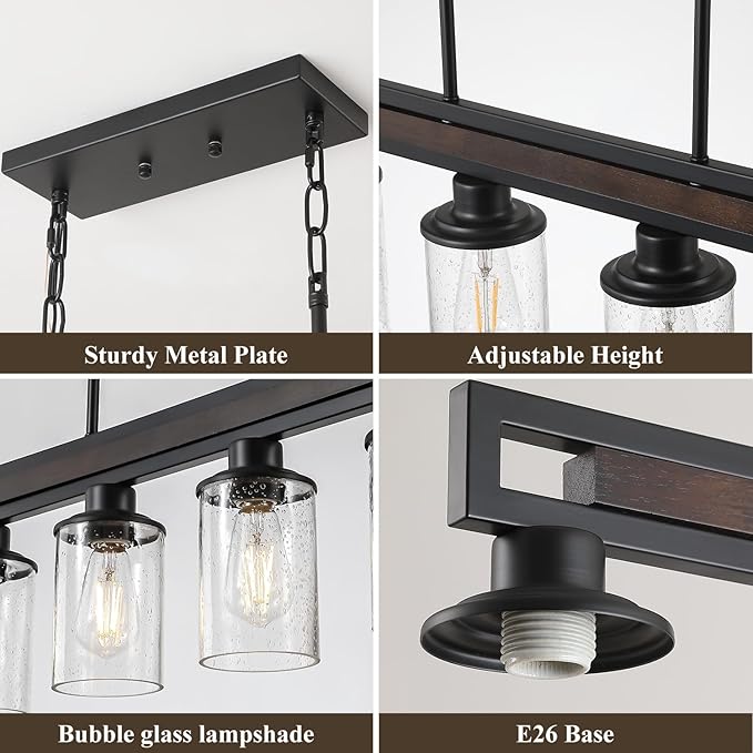 Farmhouse Dining Room Light Fixture, 4-Light Wood Kitchen Island Lighting for Dining Room Over Table, Black Adjustable Pendant Light with Seeded Glass Shades, Linear Chandeliers Lighting for Kitchen