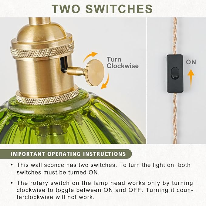 Plug in Wall Sconces Set of 2, Vintage Wall Sconce Light with Tulip Green Glass Lampshade, Bedroom Wall Sconce with Switch and Plug in wall lamp Cord, Gold Wall Light Wall Decor Set of 2