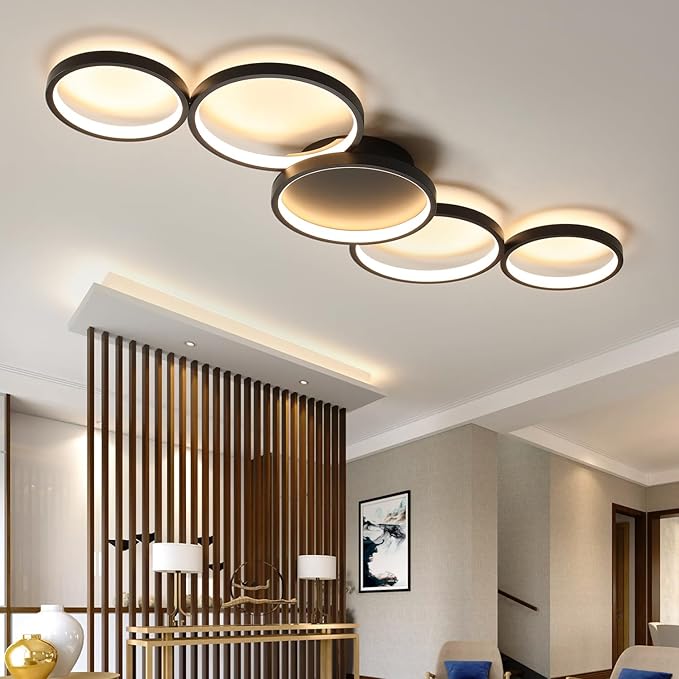 Modern LED Flush Mount Ceiling Light - 55w dimmable Ceiling Light Fixture, 5rings Ceiling lamp for Living Room,Bedroom,Dining Room,Office (Black)