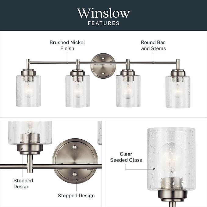 Kichler Winslow 30" Vanity Light in Brushed Nickel, 4-Light Transitional Bathroom Light with Clear Seeded Glass. (30" W x 9.25" H), 45887NI