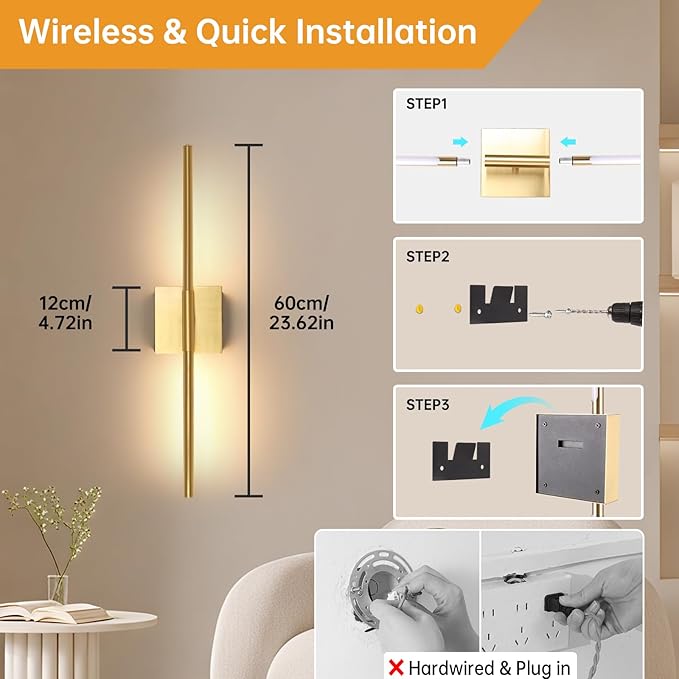 Shenmoyl Battery Operated Wall Sconce Set of 2, 8000mAh Wireless Wall Sconces, 3000K-6000K Dimmable, 350°Rotate, Indoor Wall Lights for Bedroom Living Room Bathroom, Gold, 23.6 Inch