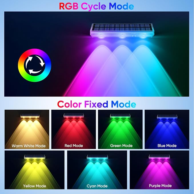 YiLaie Solar Fence Lights Outdoor with IP67 Waterproof, RGB Multi Color & Dusk to Dawn Auto ON/Off Solar Power Wall Mount Solar Lights for Outside Fence Wall Deck Gate (4 Pack)