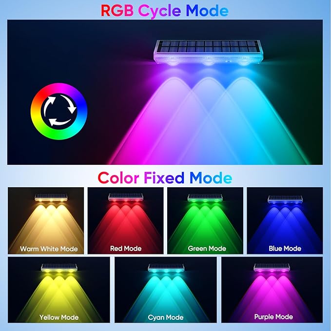 YiLaie Solar Fence Lights Outdoor with IP67 Waterproof, RGB Multi Color & Dusk to Dawn Auto ON/Off Solar Power Wall Mount Solar Lights for Outside Fence Wall Deck Gate (6 Pack)