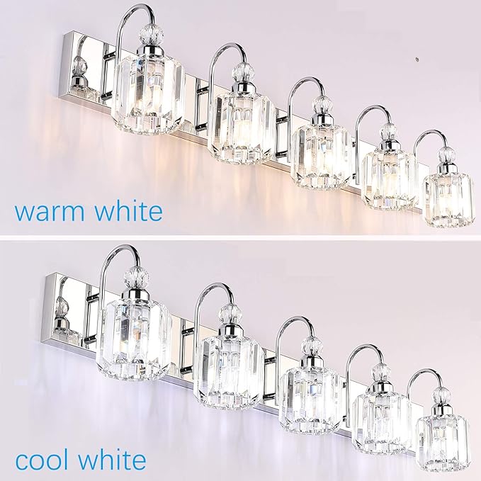 Ralbay Modern LED Crystal Bathroom Vanity Lights 5-Lights Stainless Steel Crystal Vanity Lights Over Mirror Modern Crystal Bathroom Vanity Lighting Fixtures