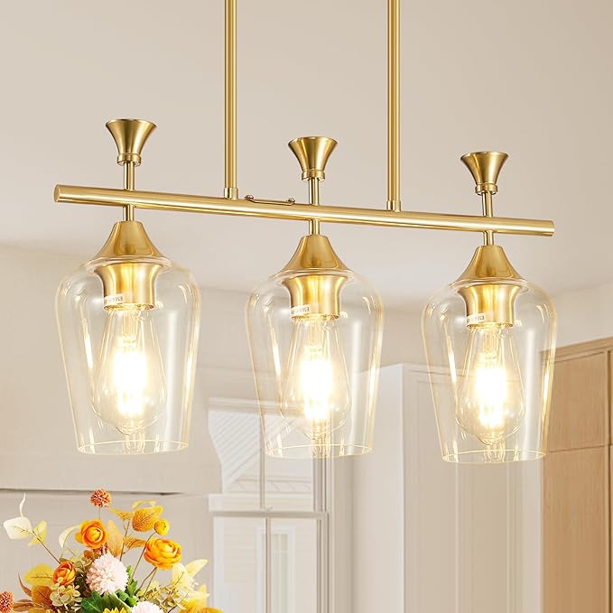 21.2" Dining Room Light Fixture/Chandelier Over Table, 3-Light Brushed Gold Kitchen Island Lighting with Clear Glass Shade, Modern Hanging Pendant Lights Fixture for Kitchen Island, Dining Room, Bar