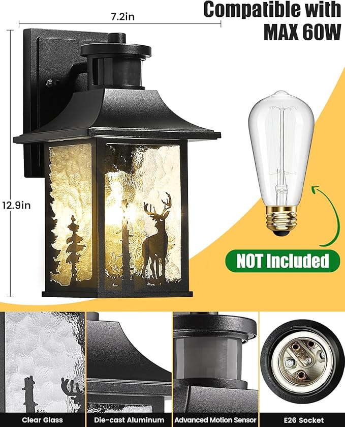 Motion Sensor Outdoor Wall Light Dusk to Dawn Porch Light Wall Mount Outdoor Light Fixture, Lantern Outdoor Wall Sconce Exterior Light for House Garage Entryway, Anti-Rust 100% Aluminum ETL Listed