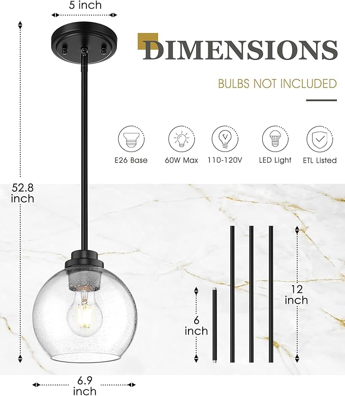 Pendant Lights Kitchen Island, 7" Modern Black Hanging Lights Fixtures with Clear Seeded Glass Globe Shade, Kitchen Island Lighting for Bathroom, AD-22280-1P-BK-S