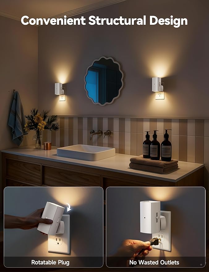 Brightown 2 Pack White Night Lights Plug into Wall, Modern Night Light with Rotating Plug, Dusk to Dawn Sensor, 0-100LM Stepless Dimming Aora Night Light for Hallway Bedroom Bathroom, Soft White