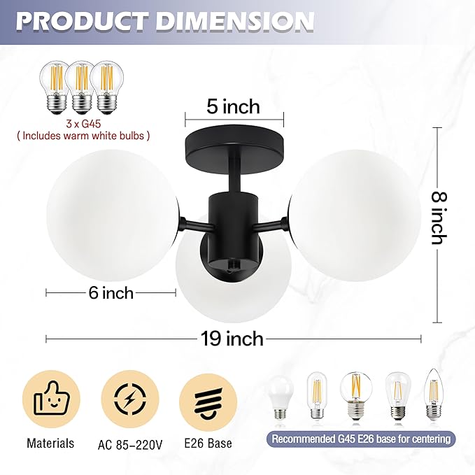 Mid Century Modern Black Semi Flush Mount Ceiling Lights 3-Light Frosted Globe Glass Black Chandelier Modern Light Fixtures Ceiling Light Fixture for Bedroom Living Room Entryway (Bulb Incl.)