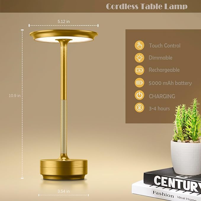 2 Pack Cordless Table Lamps Rechargeable, LED Portable 5000mAh Touch Table Light, 3 Color Stepless Dimming Battery Powered Table Lamp for Restaurant/Home/Outdoor/Camping.(Gold)