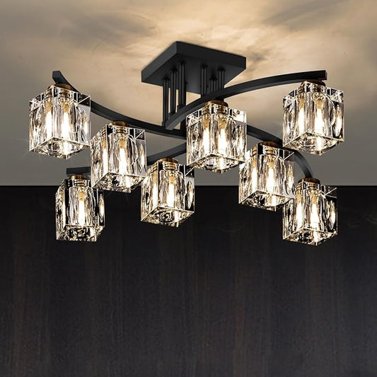 Crystal Semi Flush Mount Ceiling Light with 8-Lights Black Sputnik Ceiling Light Fixture Modern Chandeliers for Dining Room Living Room Kitchen Island Bedroom Hallway