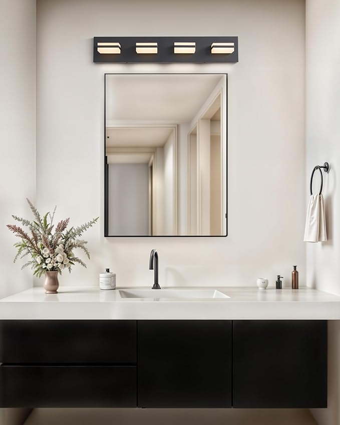 VONLUCE Bathroom Vanity Light Fixture, 4-Light Modern LED Vanity Light, 3CCT Adjustable Bathroom Lights with Memory Function Rotatable Shades, 26" Wall Lighting Fixture Over Mirror, Matte Black