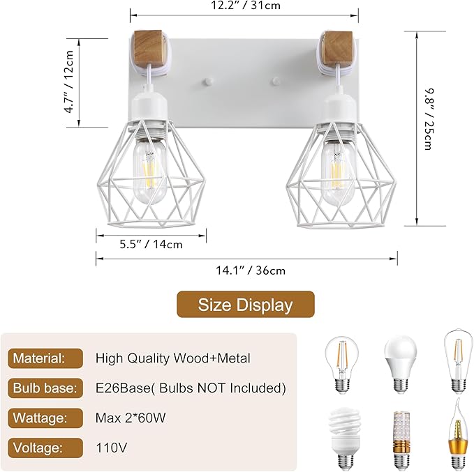 Farmhouse Vanity Light for Bathroom, 2-Light White Wood Bathroom Vanity Light Fixtures Over Mirror, Rustic Sconces Wall Lighting with Metal Lampshade for Living Room, Bedroom, Hallway