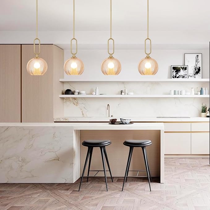 Amber Glass Pendant Light Set of 2 Modern Globe Pendant Lighting Nordic Ribbed Gold Ceiling Hanging Chandelier with Brushed Brass Adjustable Rods Dining Room Kitchen Island Light Fixture