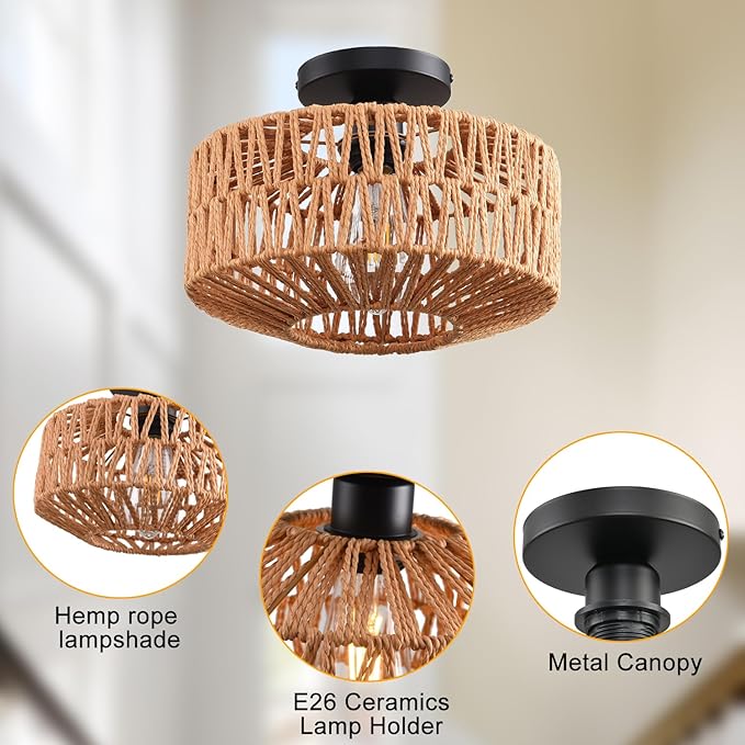 Ceiling Light Fixture,Hand-Woven Rattan Flush Mount Ceiling Light,Farmhouse Light Fixtures Ceiling Mount Boho for Hallway Bedroom Kitchen Entryway Living Room