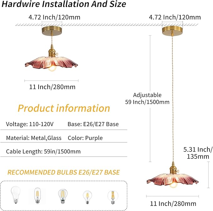 Vintage Pendant Light Fixture Glass Hanging Light Fixture Folwer Light Pendant Lights Modern Lighting for Bedroom Kitchen Island Hallway Bathroom Purple Sunflower
