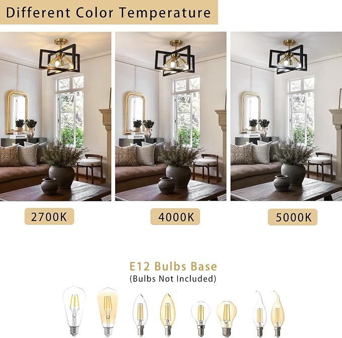 DELIPOP 4-Light Flush Mount Ceiling Light, Farmhouse Gold Square Metal Frame Light Fixtures Ceiling Chandelier for Kitchen, Dining Room, Entryway, Hallway, Island