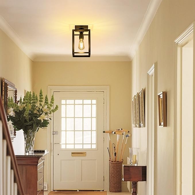 Mayful Flush Mount Ceiling Light Fixture,Black Hallway Light Fixtures Ceiling,Farmhouse Black Metal Frame Light Fixture for Kitchen Island Entryway Porch Foyer Dining Room