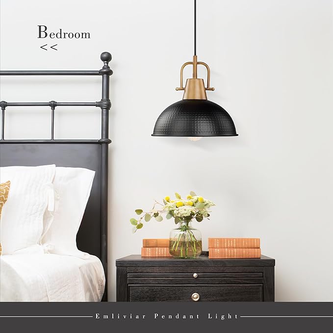 Emliviar 10.2 Inch 1-Light Farmhouse Pendant Light, Modern Pendant Lighting for Kitchen Island, Hammered Metal Dome Shade in Black Finish, GE269MIL BK+WD