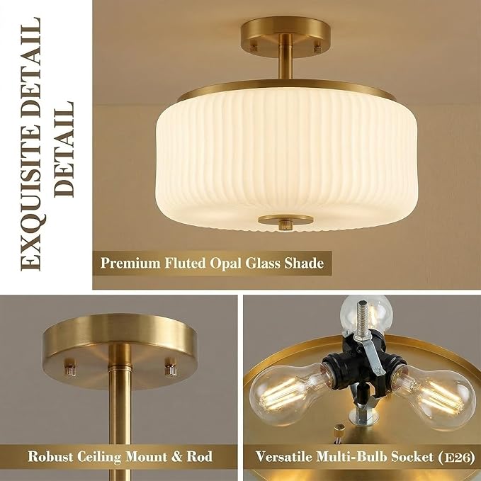 3-Light Gold Semi Flush Mount Ceiling Light, 11.8" Modern Schoolhouse Light Fixtures Ceiling Mount with Ribbed Opal Glass Shade, Anti-Glare Close to Ceiling Lamp for Bedroom Kitchen Hallway Entryway