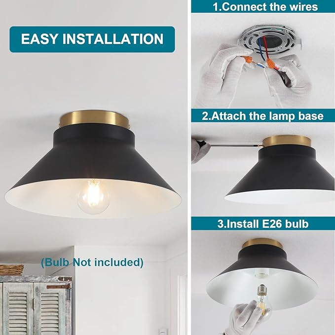 Black Modern Flush Mount Ceiling Light,Metal Semi Flush Mount Ceiling Light Fixture,Mid Century Light Fixture Black and Gold Ceilings Light for Hallway Kitchen Entryway Bedroom Laundry Room,11.81in