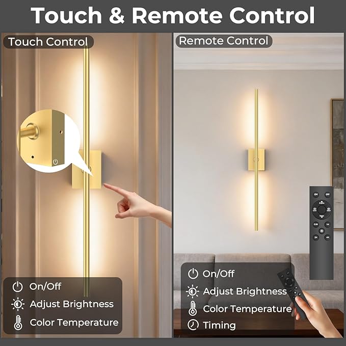 Battery Operated Wall Sconce Set of Two - 10000mAh Cordless Rechargeable Wall Sconces with Remote & Touch Control, 360°Rotate, 4CCT Dimmable Gold Wall Lights for Bedroom Living Room, 31.5 inch