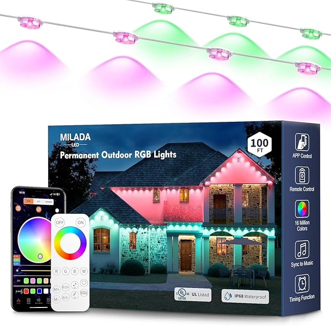 Permanent Outdoor Lights RGB 100FT/50LEDs Decor IP68 Waterproof Music Sync Eaves Lights with Remote&APP Control Suitable for Holiday Decoration Christmas Garden Party Decor Deck