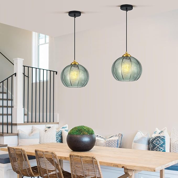 Mikeru 2-Pack Mint Glass Pendant Lights Kitchen Island Lighting Single Globe Pendant Light Fixtures Century Modern Kitchen Island Pendant Lighting for Bedroom Living Dining Room Light (Without Bulbs)