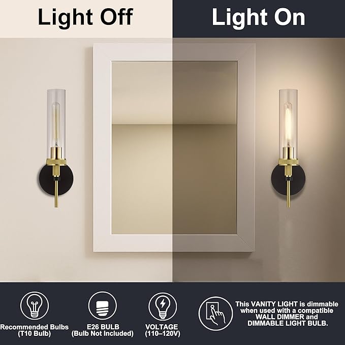LaLuLa Black and Gold Bathroom Light Fixtures Over Mirror, Wall Sconces Set of 2 with Knurled Texture, Modern Hardwired Vanity Lights with Clear Glass Tube Shade for Bathroom，Bedroom