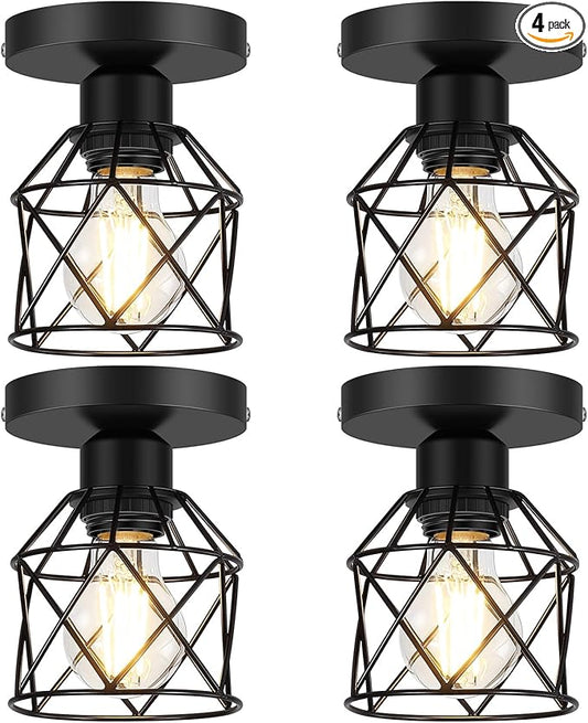 FadimiKoo 4-Pack Semi Flush Mount Light With LED Bulb, Farmhouse Hallway Ceiling Fixture, Black Retro Metal Cage Indoor Lamp for Kitchen Bedroom Entryway (E26 Base)