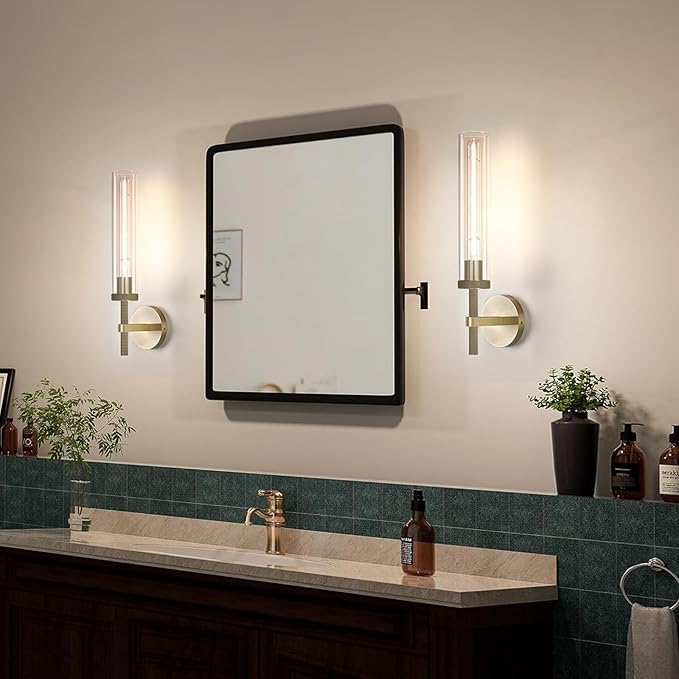 Modern Brass Hardwired Wall Sconces 2 Pack, 20'' Knurled Bathroom Wall Sconce, Indoor Wall Sconce,Copper and Tube Glass Vanity Light, for Living, Bedroom, Hallway, Staircases, Include Bulbs