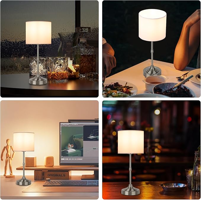 Rechargeable Cordless LED Table Lamp Fabric Shade Desk Lamp, 3-Level Dimmable Touch Control, 5200mAh, Patio Table Lamp, Bedside Night Lamp, Ambient Light for Restaurant.(Silver)