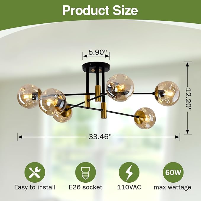 SZXYKEJI 6-Lights Sputnik Ceiling Light Fixture Mid Century Modern Glass Globe Flush Mount Chandelier Black and Gold Farmhouse Lighting for Living Room Dining Room Bedroom Kitchen