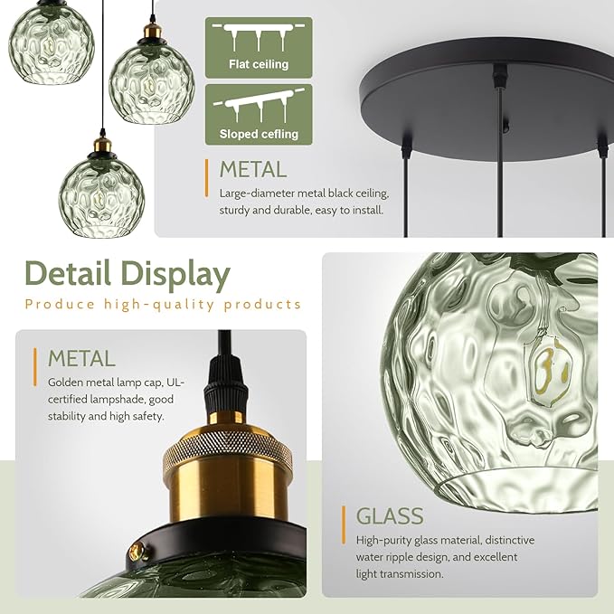 3-Light Pendant Lighting Green Hammered Glass Kitchen Light Fixtures Ceiling Hanging Kitchen Lights Over Island Mid Century Modern Globe Cluster Chandelier Black and Gold for Dining Room