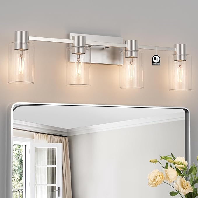 4-Light Modern Vanity Light Fixtures Over Mirror, Brushed Nickel Bathroom Light Fixtures, Vanity Lights, Wall Sconce with Clear Glass Shade for Bathroom, E26 Base