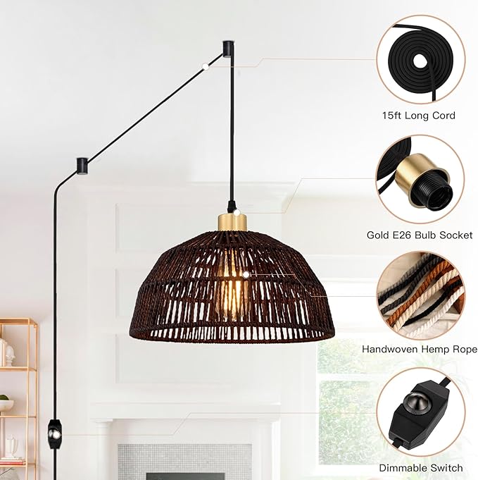Cinkeda Plug in Pendant Light, Hanging Lights with 15ft Cotton Cord & Stepless Dimming Switch, Handwoven Hemp Rope Lampshade, Black Rattan Lamp for Dining Room,Hallway